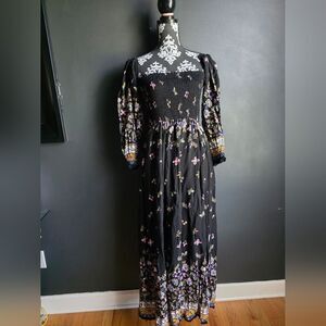 Smocked Bodice Black Multicolor Butterfly Floral Off Shoulder Maxi Dress Size M